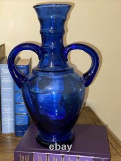 Antique Vtg Hand Blown Cobalt Blue Glass Vase With Applied Handles 12