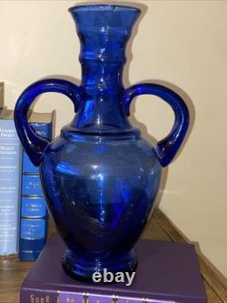 Antique Vtg Hand Blown Cobalt Blue Glass Vase With Applied Handles 12