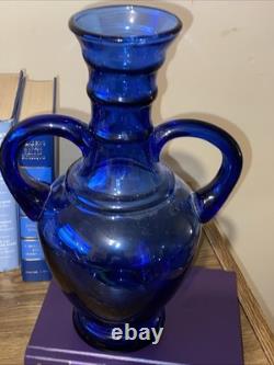 Antique Vtg Hand Blown Cobalt Blue Glass Vase With Applied Handles 12