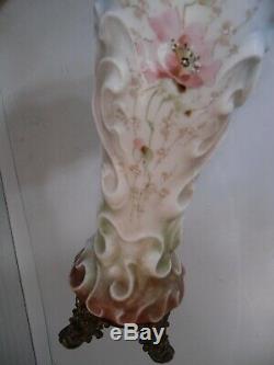 Antique Wave Crest Vase Dolphin Footed Ormolu Handles Sea Foam Glass Signed 14