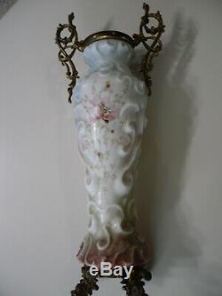 Antique Wave Crest Vase Dolphin Footed Ormolu Handles Sea Foam Glass Signed 14