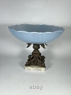 Antique blue glass centerpiece bowl Bronze Base Classic Home Decor (Read)