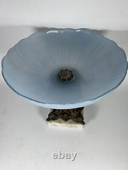 Antique blue glass centerpiece bowl Bronze Base Classic Home Decor (Read)