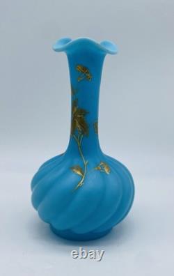 Antique ca. 1870 FRENCH BACCARAT BLUE OPALINE Twisted Glass Vase With Gold Gild