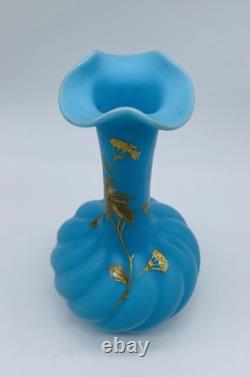 Antique ca. 1870 FRENCH BACCARAT BLUE OPALINE Twisted Glass Vase With Gold Gild