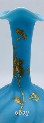 Antique ca. 1870 FRENCH BACCARAT BLUE OPALINE Twisted Glass Vase With Gold Gild