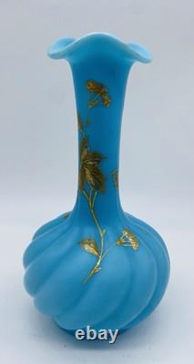 Antique ca. 1870 FRENCH BACCARAT BLUE OPALINE Twisted Glass Vase With Gold Gild
