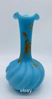 Antique ca. 1870 FRENCH BACCARAT BLUE OPALINE Twisted Glass Vase With Gold Gild