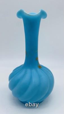 Antique ca. 1870 FRENCH BACCARAT BLUE OPALINE Twisted Glass Vase With Gold Gild
