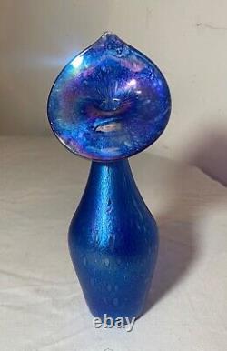 Antique hand blown aurene blue lustre iridescent blue jack in pulpit glass vase