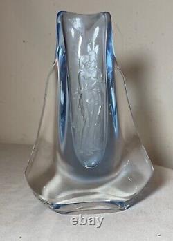 Antique handmade Czech Bohemian blue art glass vase engraved nude Adam & Eve