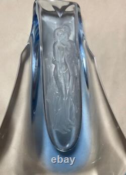 Antique handmade Czech Bohemian blue art glass vase engraved nude Adam & Eve