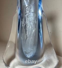 Antique handmade Czech Bohemian blue art glass vase engraved nude Adam & Eve