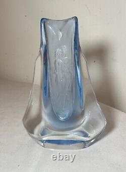 Antique handmade Czech Bohemian blue art glass vase engraved nude Adam & Eve