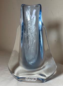 Antique handmade Czech Bohemian blue art glass vase engraved nude Adam & Eve