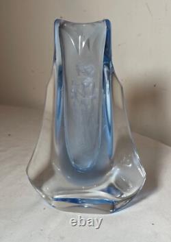 Antique handmade Czech Bohemian blue art glass vase engraved nude Adam & Eve