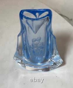 Antique handmade Czech Bohemian blue art glass vase engraved nude Adam & Eve
