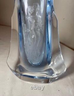 Antique handmade Czech Bohemian blue art glass vase engraved nude Adam & Eve