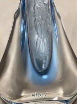 Antique handmade Czech Bohemian blue art glass vase engraved nude Adam & Eve