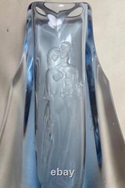 Antique handmade Czech Bohemian blue art glass vase engraved nude Adam & Eve