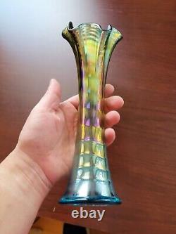 Aqua Teal Imperial Carnival Glass Ripple Vase 9 3/4 Tall 2 7/8 Base