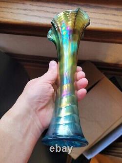 Aqua Teal Imperial Carnival Glass Ripple Vase 9 3/4 Tall 2 7/8 Base