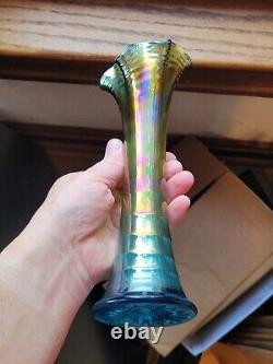 Aqua Teal Imperial Carnival Glass Ripple Vase 9 3/4 Tall 2 7/8 Base