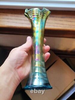 Aqua Teal Imperial Carnival Glass Ripple Vase 9 3/4 Tall 2 7/8 Base