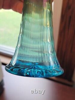 Aqua Teal Imperial Carnival Glass Ripple Vase 9 3/4 Tall 2 7/8 Base