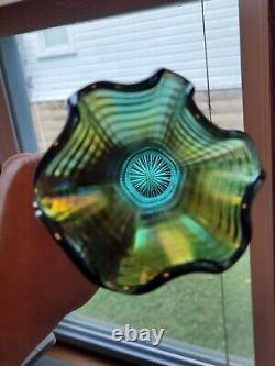 Aqua Teal Imperial Carnival Glass Ripple Vase 9 3/4 Tall 2 7/8 Base