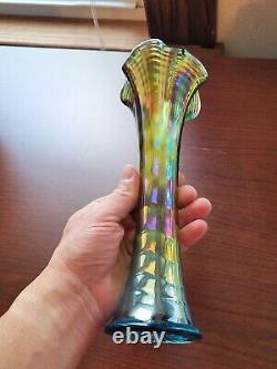 Aqua Teal Imperial Carnival Glass Ripple Vase 9 3/4 Tall 2 7/8 Base