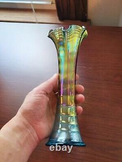 Aqua Teal Imperial Carnival Glass Ripple Vase 9 3/4 Tall 2 7/8 Base