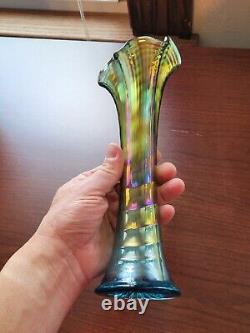 Aqua Teal Imperial Carnival Glass Ripple Vase 9 3/4 Tall 2 7/8 Base