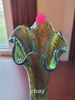 Aqua Teal Imperial Carnival Glass Ripple Vase 9 3/4 Tall 2 7/8 Base