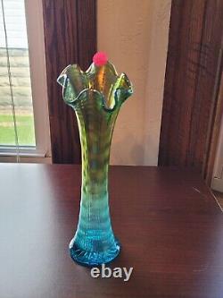 Aqua Teal Imperial Carnival Glass Ripple Vase 9 3/4 Tall 2 7/8 Base