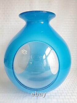 Aquarium Vase 10 Vintage Hand Blown Blue Cased Art Glass Bubble