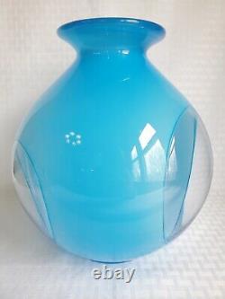 Aquarium Vase 10 Vintage Hand Blown Blue Cased Art Glass Bubble