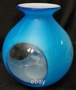 Aquarium Vase 10 Vintage Hand Blown Blue Cased Art Glass Bubble