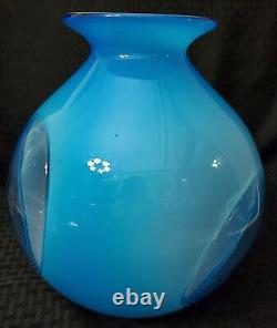 Aquarium Vase 10 Vintage Hand Blown Blue Cased Art Glass Bubble