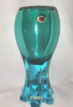 Archimede Seguso Murano Heavy Light Blue Vase Blown Glass Labled 1960s sticker