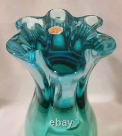 Archimede Seguso Murano Heavy Light Blue Vase Blown Glass Labled 1960s sticker