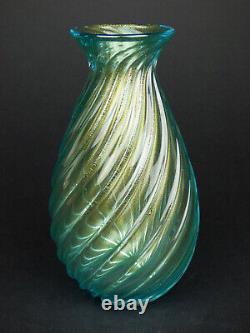 Archimede Seguso blue a coste glass vase with gold leaf signed & label Italy