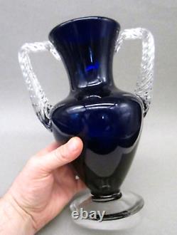 Art Deco Old MORGANTOWN Glass Ritz Cobalt Blue ELECTRA 10 Footed Handled Vase
