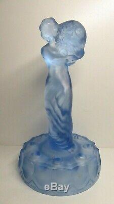 Art Deco Uranium Blue Glass Float Bowl Vase Centre Statue Lady Pressed Figurine