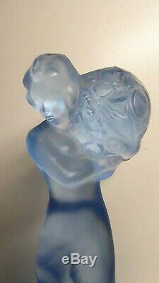 Art Deco Uranium Blue Glass Float Bowl Vase Centre Statue Lady Pressed Figurine