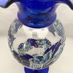 Art Glass Blue Hand Made Floral Vase Signed R&D Made in Thailand 17.5 Tall