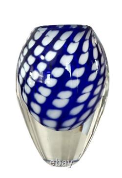 Art Glass Blue Vase Bowl HEAVY 5.5lb Hand Blown Polished Base White Dot Swirl