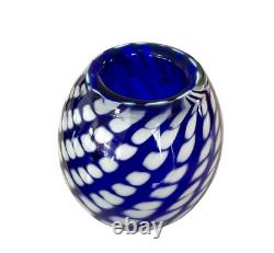 Art Glass Blue Vase Bowl HEAVY 5.5lb Hand Blown Polished Base White Dot Swirl