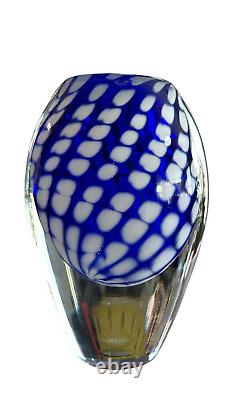 Art Glass Blue Vase Bowl HEAVY 5.5lb Hand Blown Polished Base White Dot Swirl