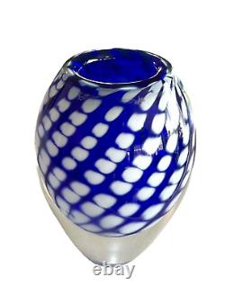 Art Glass Blue Vase Bowl HEAVY 5.5lb Hand Blown Polished Base White Dot Swirl